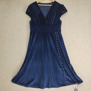 Retro Stage Dress Womens XL Navy Velvet V-Neck Fit Flare Cap Sleeve Side Buttons
